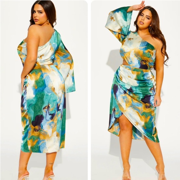 Fashion Nova Gossip Girl satin midi dress- size 2X Teal Combo - Picture 1 of 13